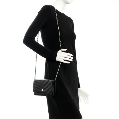 Chanel Caviar Chevron Quilted Wallet On Chain WOC Black 2 of 9