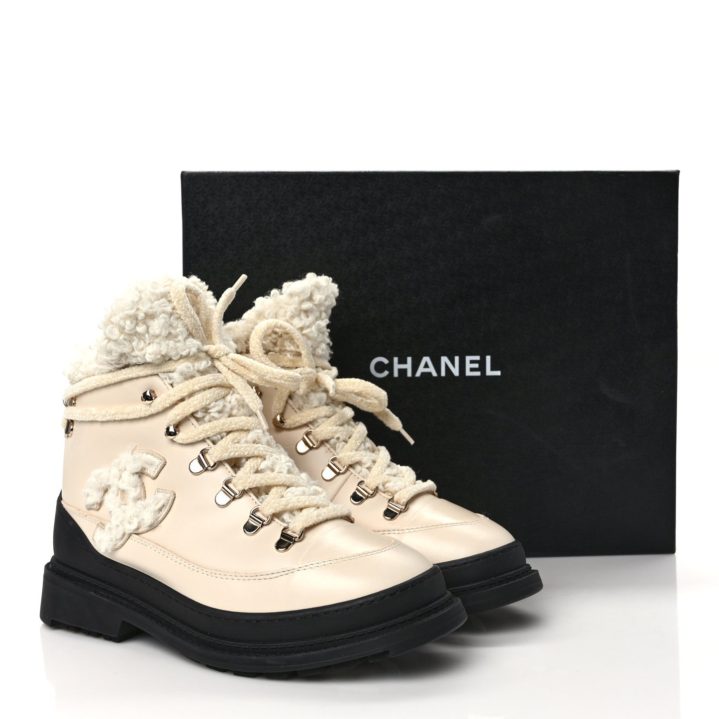 Calfskin Shearling CC Lace Up Boots 38 Light Beige Ivory