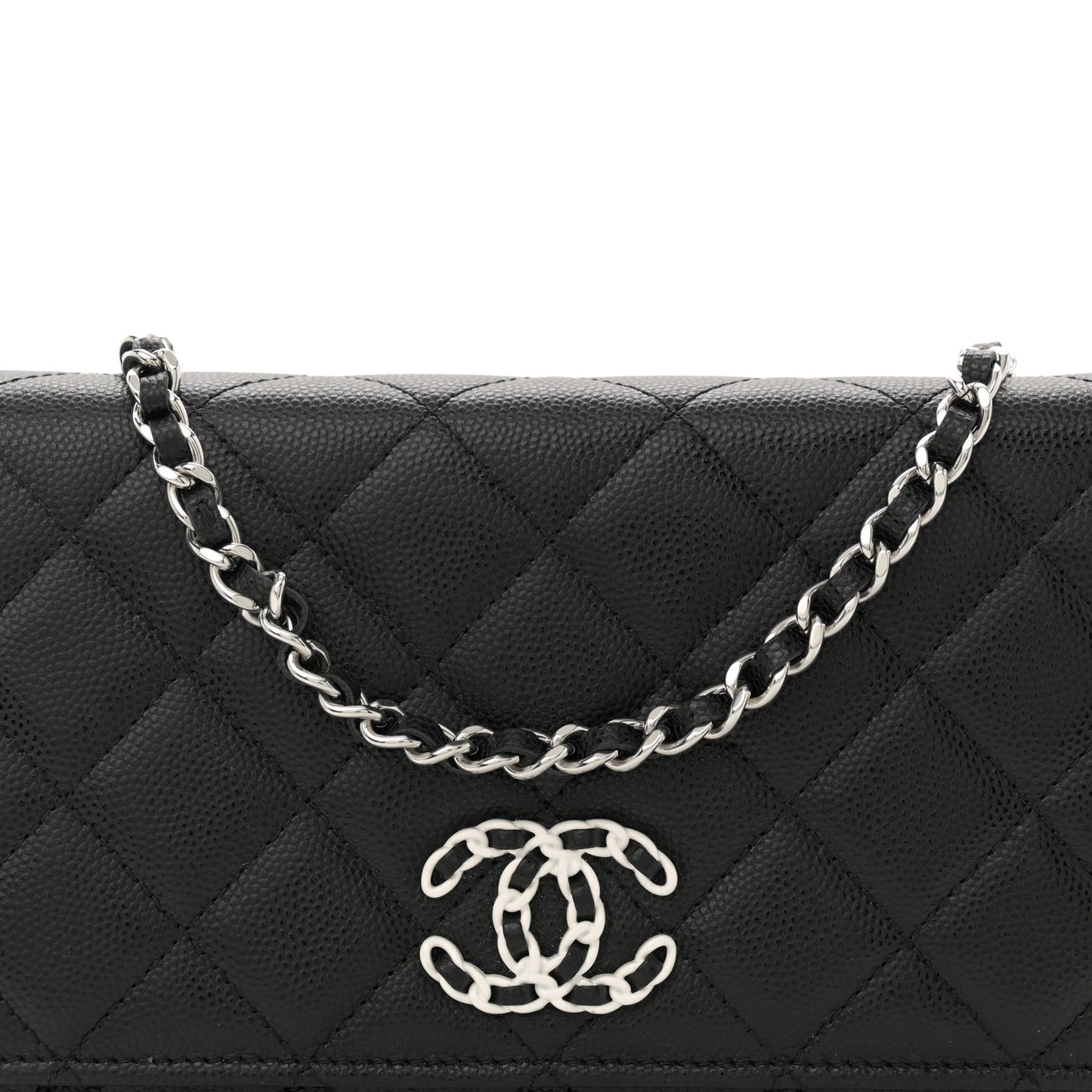 Caviar Quilted Chanel 19 Wallet On Chain WOC Black White