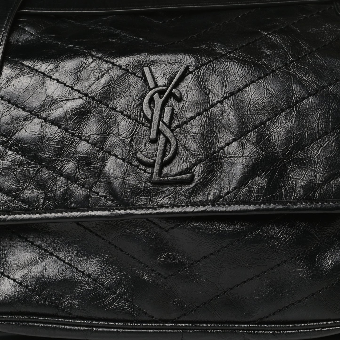 Crinkled Calfskin Matelasse Monogram Large Niki Chain Satchel Black