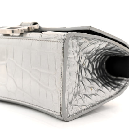 Balenciaga Metallic Calfskin Crocodile Embossed Hourglass Top Handle Bag XS Silver 9 of 15