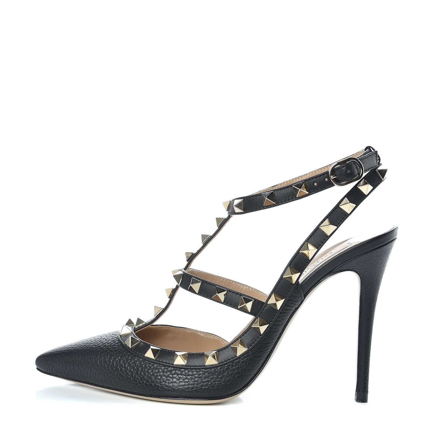 Pebbled Calfskin Rockstud Ankle Strap Pumps 38 Black