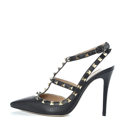 Valentino Garavani Pebbled Calfskin Rockstud Ankle Strap Pumps 38 Black 1 of 8
