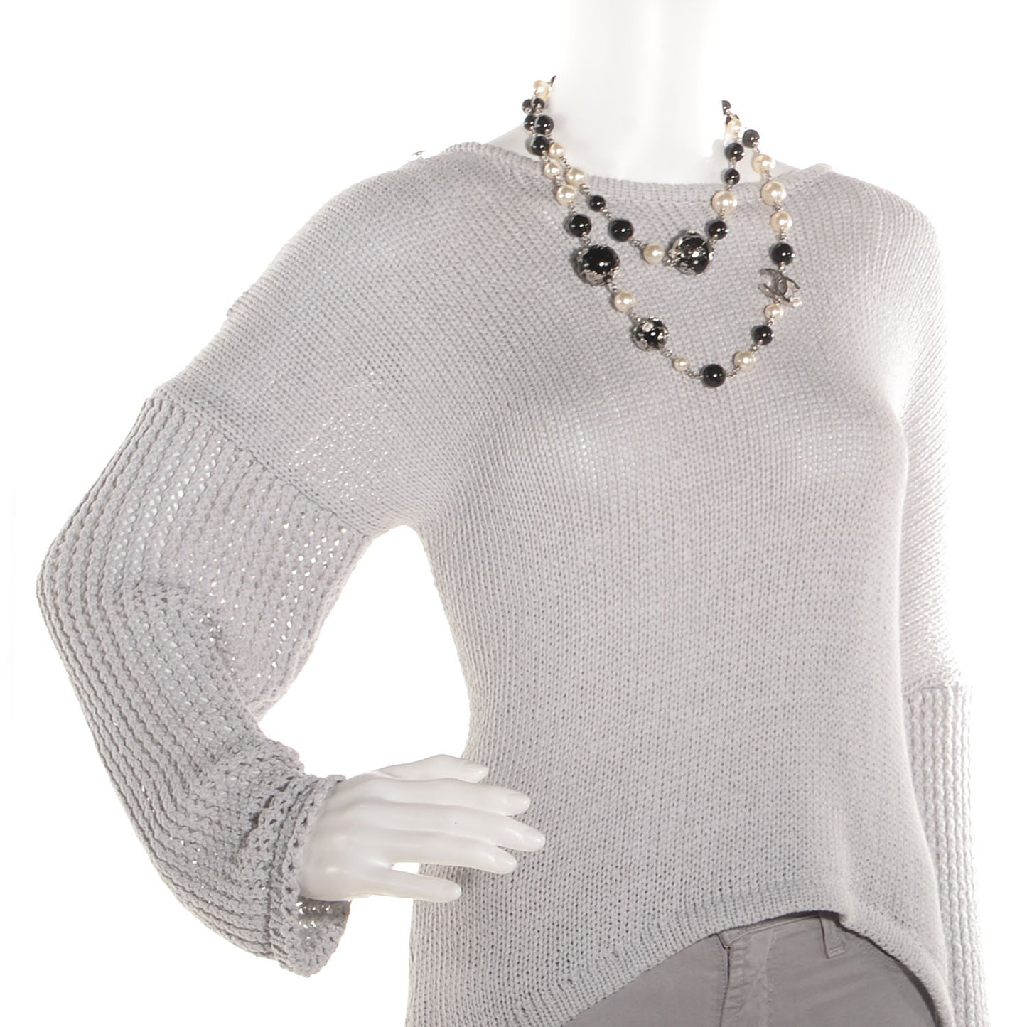 Beaded Globe Pearl CC Long Necklace Silver
