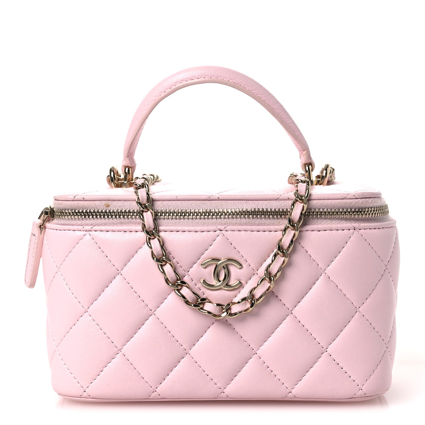 Lambskin Quilted Small Top Handle Vanity Case With Chain Light Pink