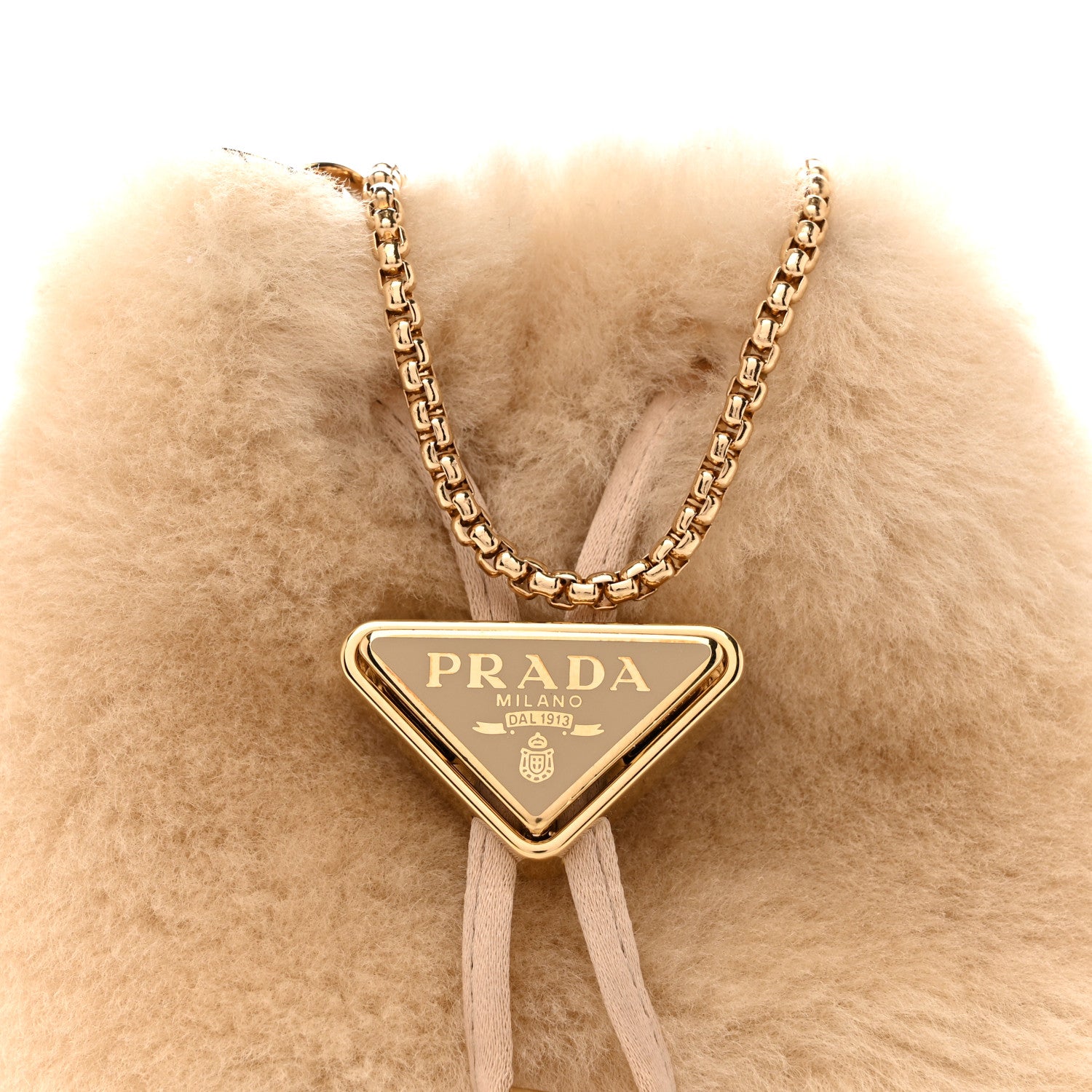 Prada Shearling Metal Triangle Logo Mini Drawcord Pouch Shoulder Bag Ecru 8 of 11