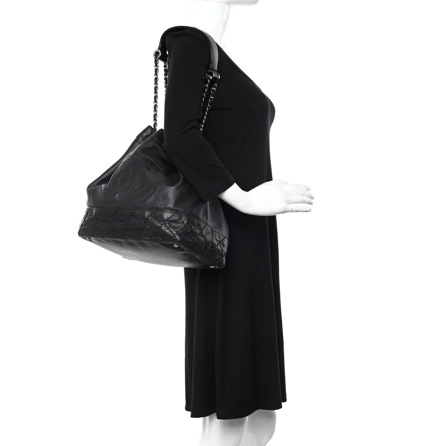 Calfskin Drawstring CC Bucket Bag Black
