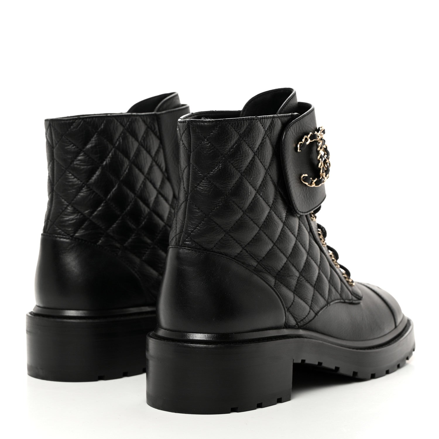 Chanel Shiny Goatskin Calfskin Quilted Lace Up Combat Boots 42 Black 4 of 8