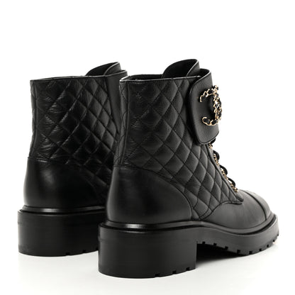 Chanel Shiny Goatskin Calfskin Quilted Lace Up Combat Boots 42 Black 4 of 8