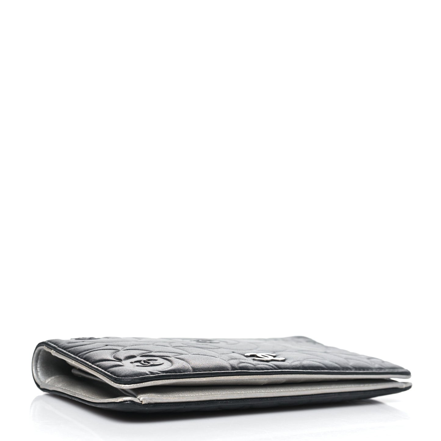 Lambskin Camellia Embossed Yen Wallet Black