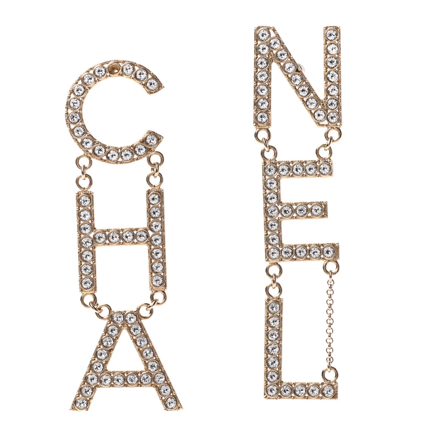 Chanel Crystal Cha-Nel Logo Drop Earrings Gold 1 of 6