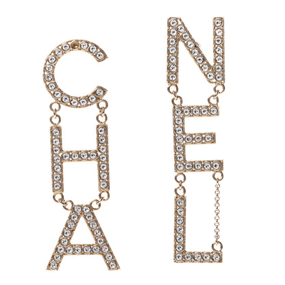 Chanel Crystal Cha-Nel Logo Drop Earrings Gold 1 of 6