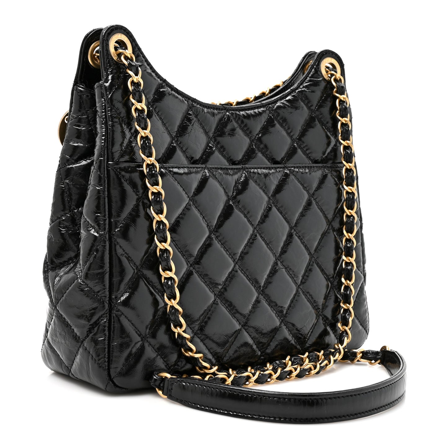 Shiny Crumpled Calfskin Quilted Wavy CC Hobo Black