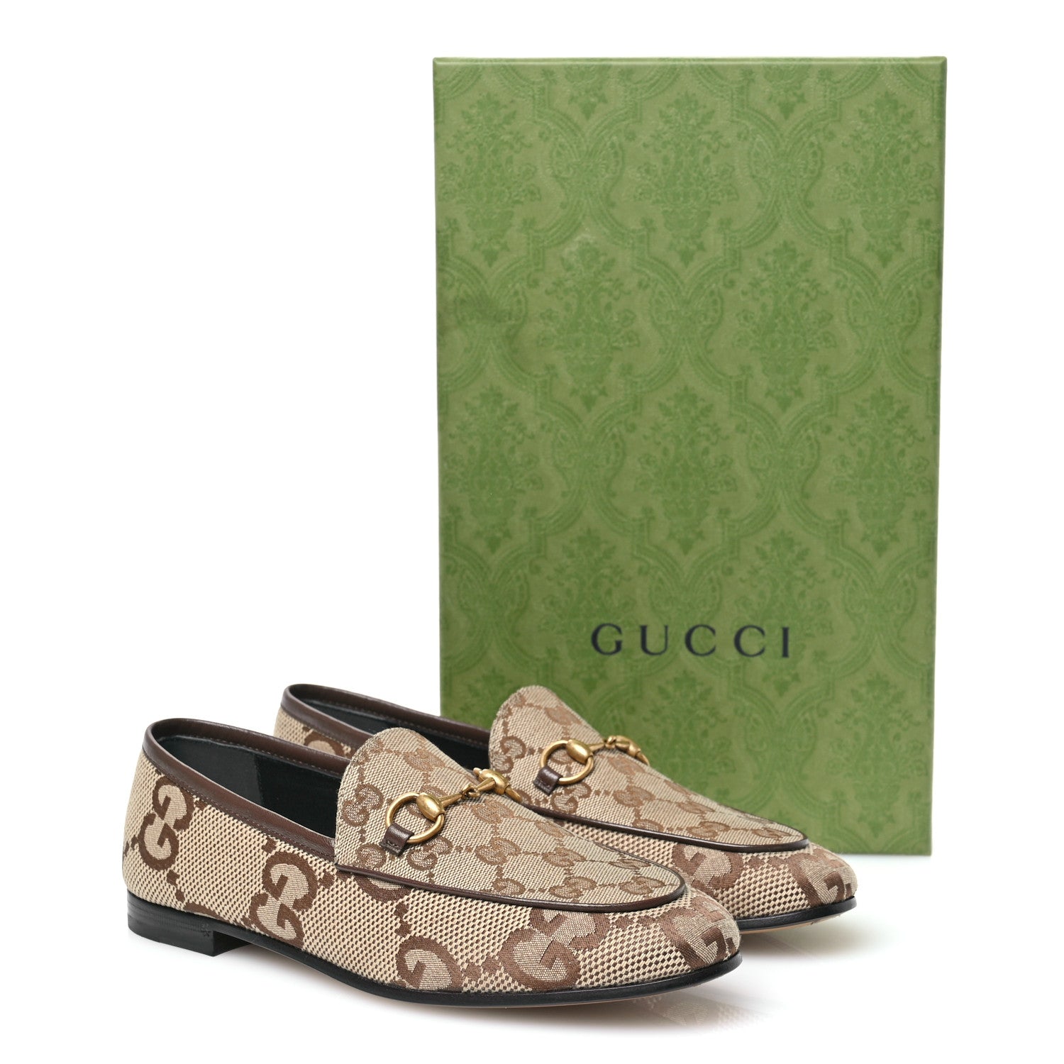 Gucci Monogram Jumbo GG Malaga Kid Horsebit Womens Jordaan Loafers 37 Camel Ebony New Acero Beige 9 of 9