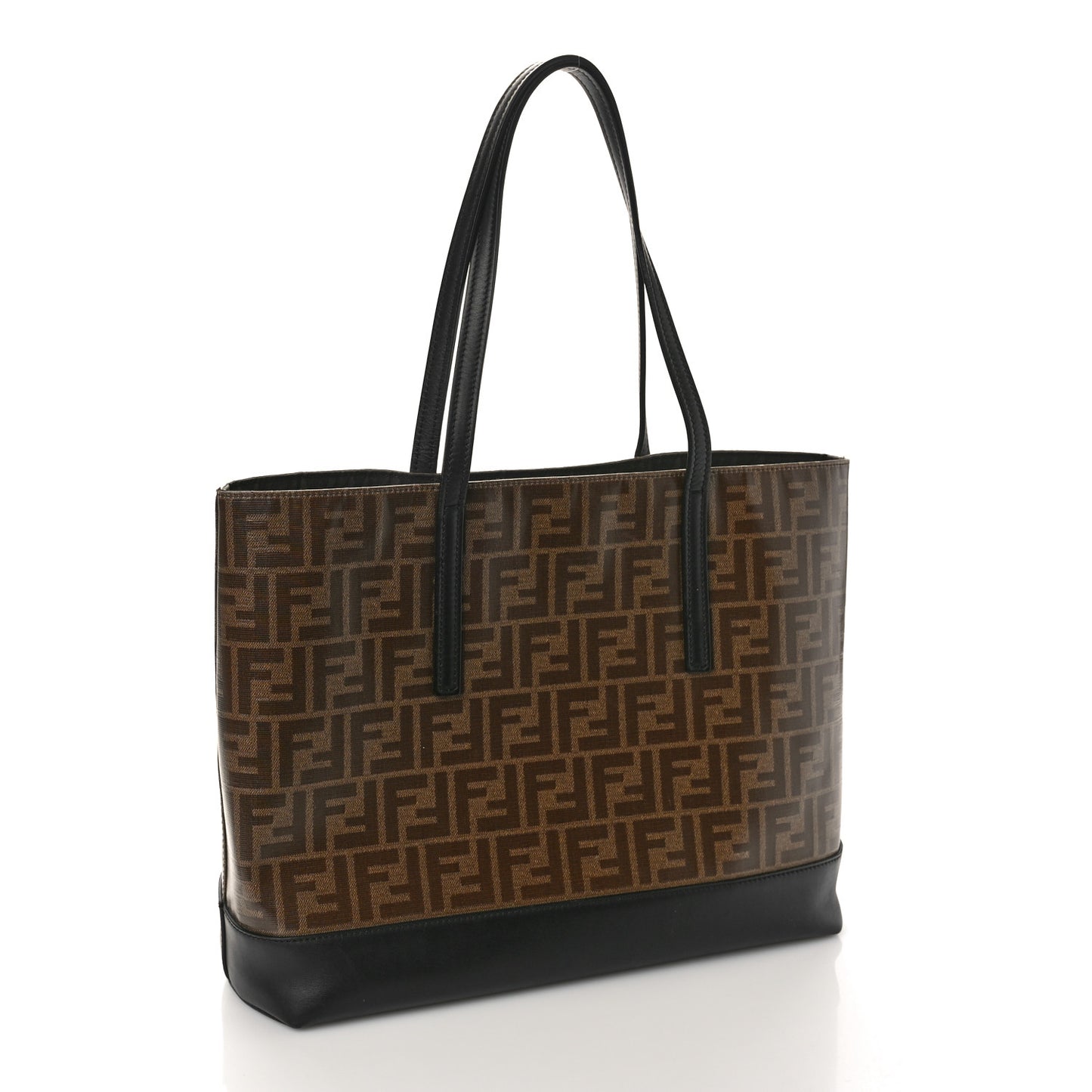 Glazed Fabric Vitello Century FF 1974 Stamp Patch Shopping Tote Mogano Panna Black