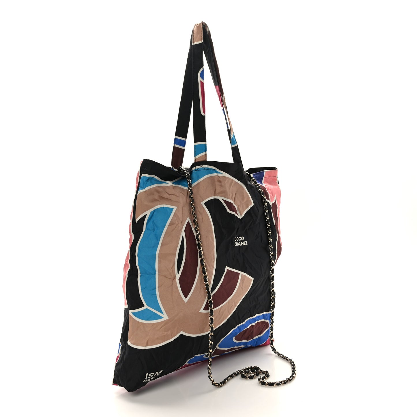 Caviar Fabric Foldable Tote Bag With Chain Black Multicolor