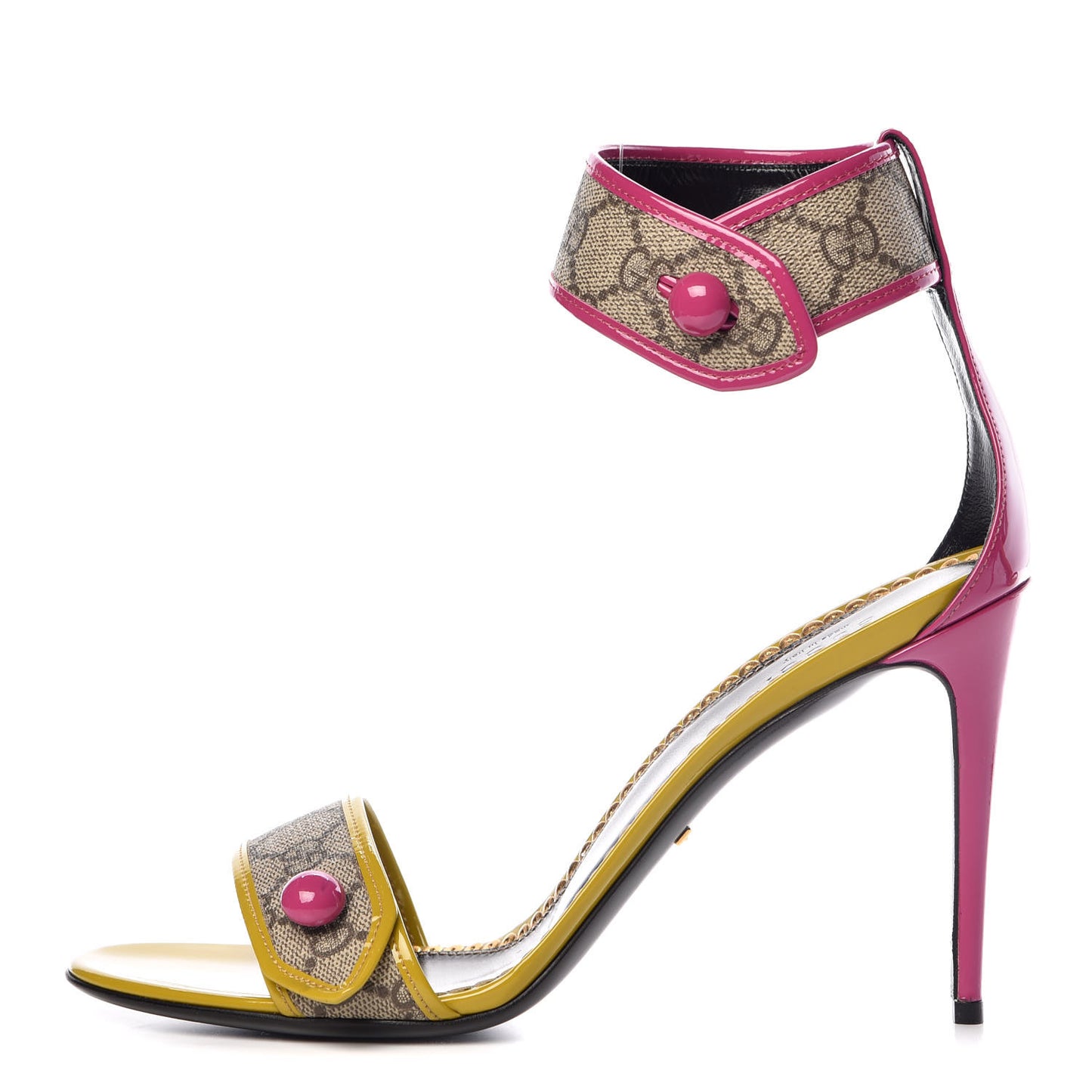 GG Supreme Monogram Patent Harleth Ankle Strap Sandals 41 Beige New Rosette