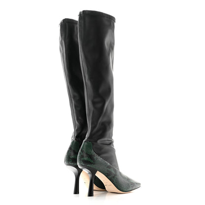 Jimmy Choo Calfskin Snakeskin Printed Myka 85 Knee High Boots 37 Black Dark Moss 4 of 6