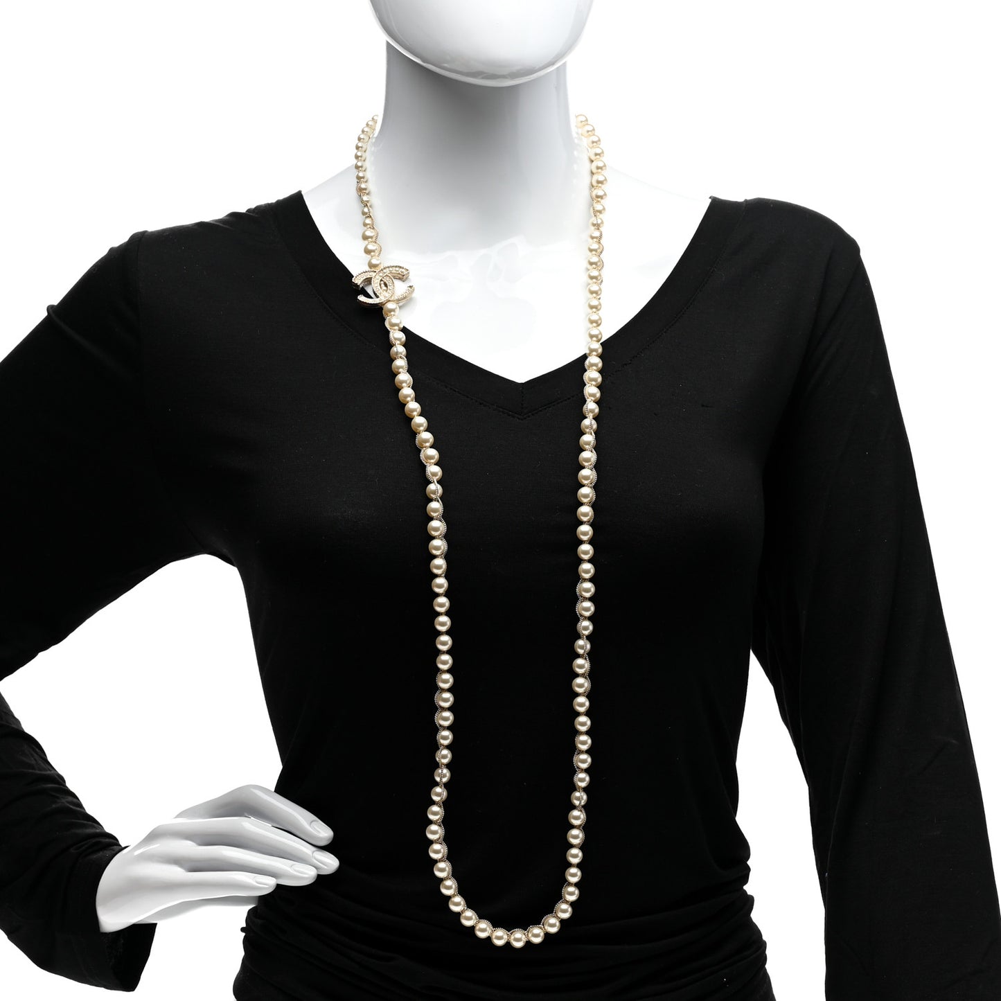 Crystal Pearl CC Chain Long Necklace Gold
