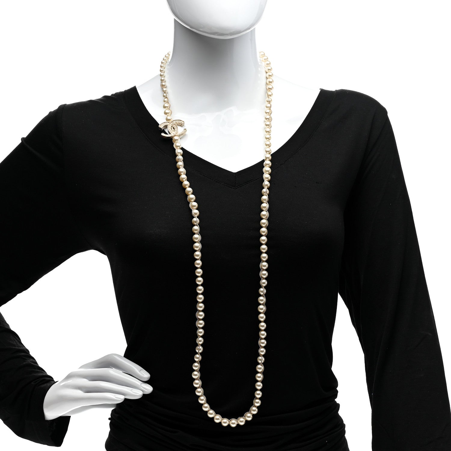 Chanel Crystal Pearl CC Chain Long Necklace Gold 2 of 6