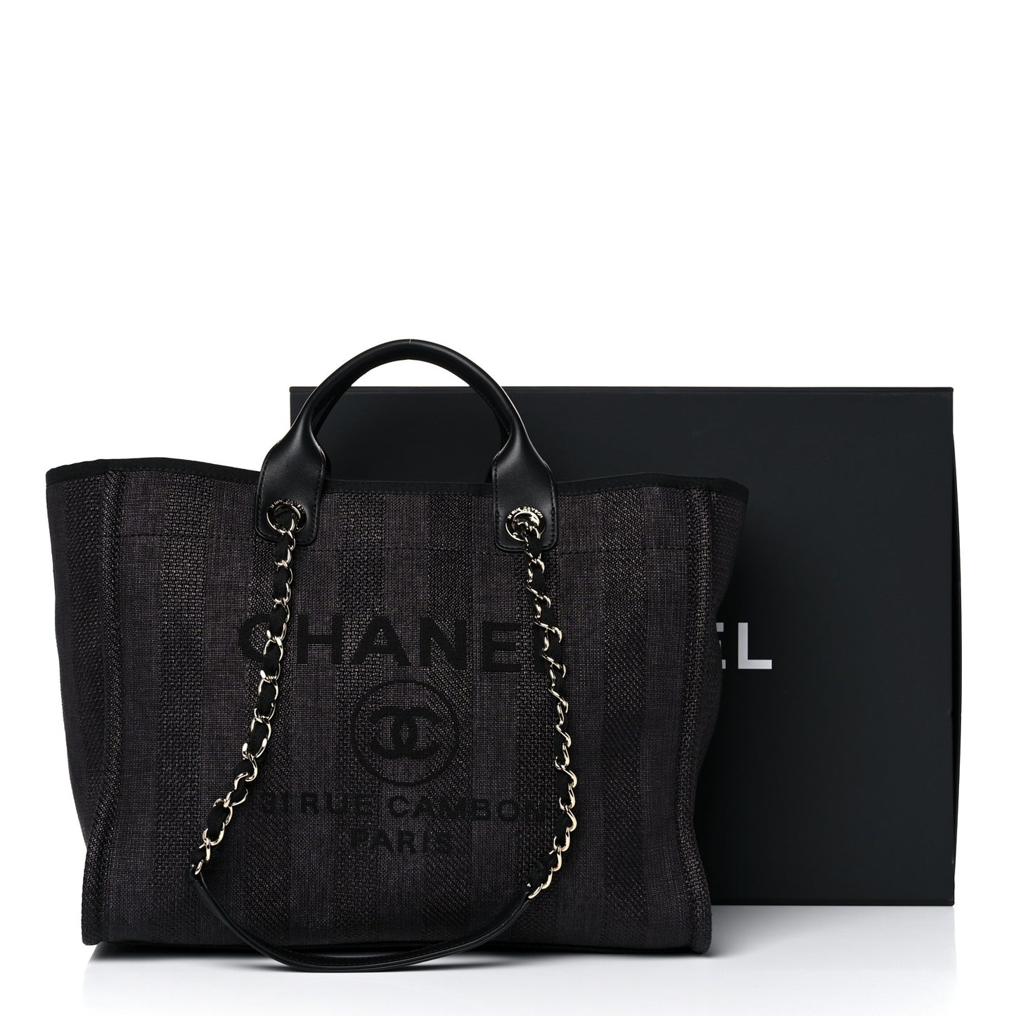 Mixed Fibers Calfskin Striped Medium Deauville Tote Black