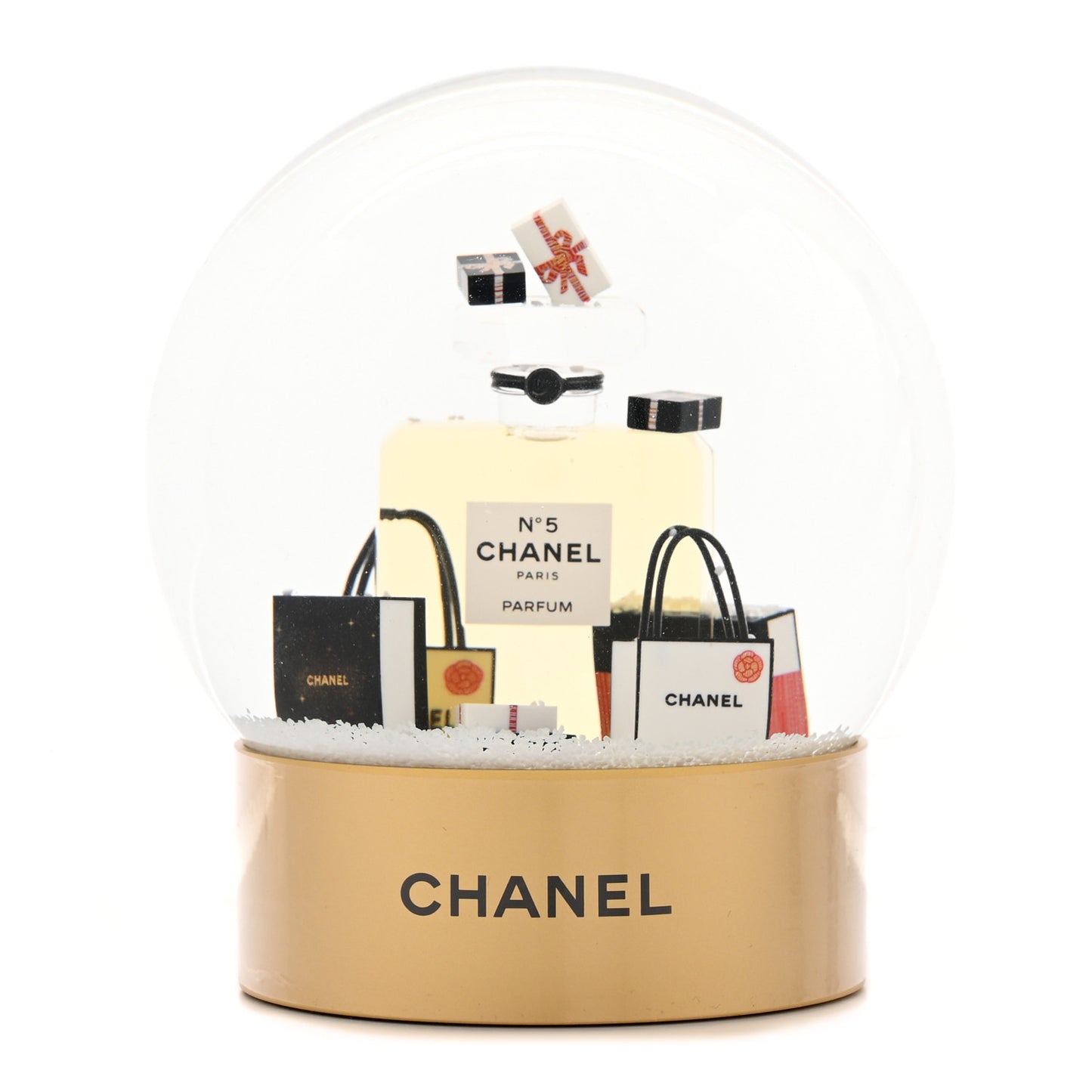 Glass N°5 Perfume Bottle Snow Globe Gold