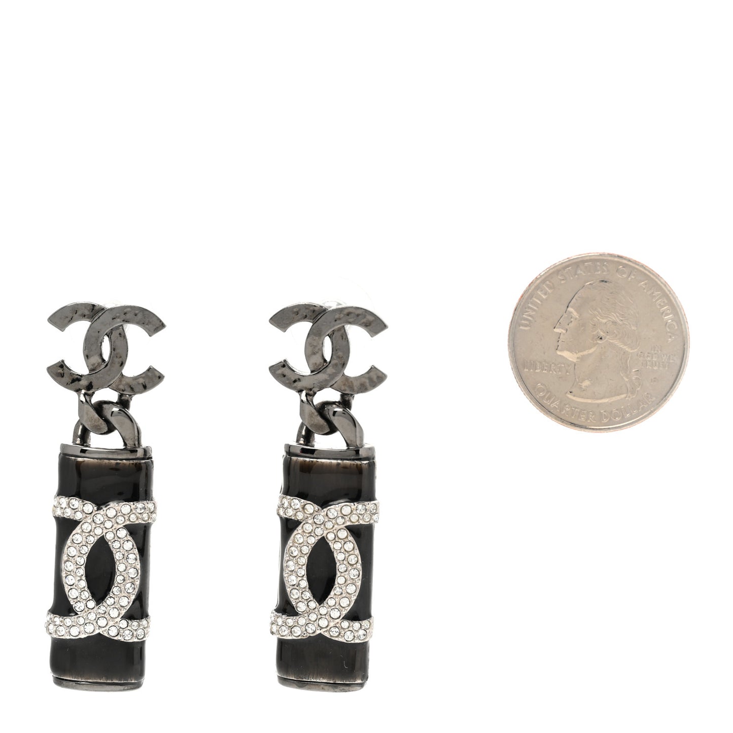 Hammered Metal Crystal CC Drop Earrings Ruthenium Black