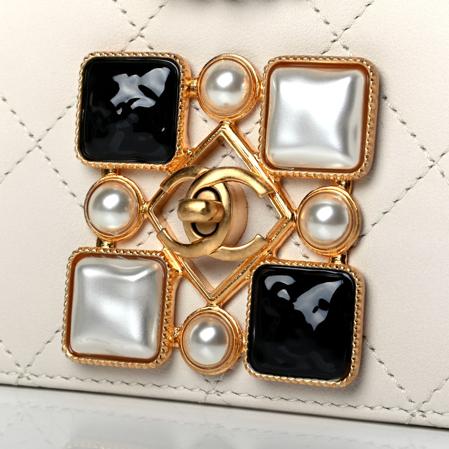 Calfskin Quilted Crystal Pearl Small Flap Bag White