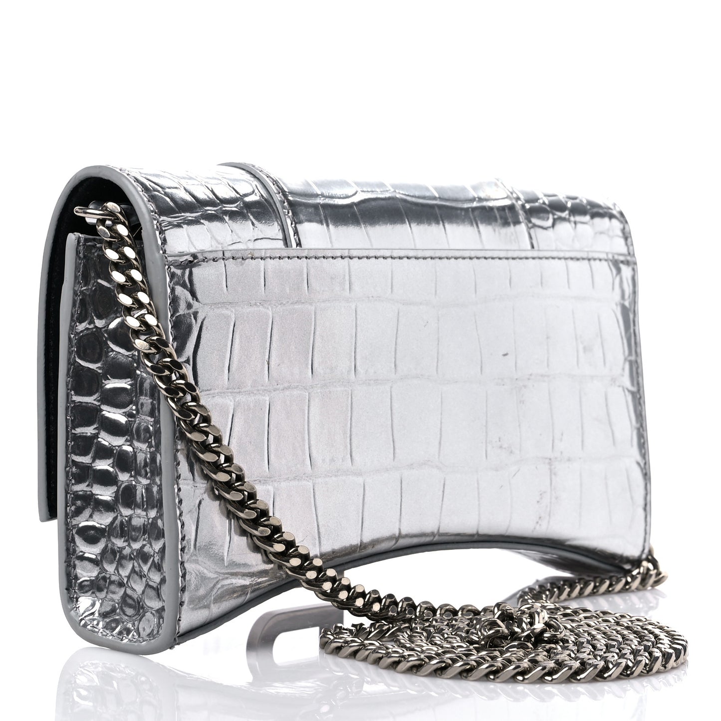 Metallic Calfskin Crocodile Embossed Hourglass Chain Bag Silver