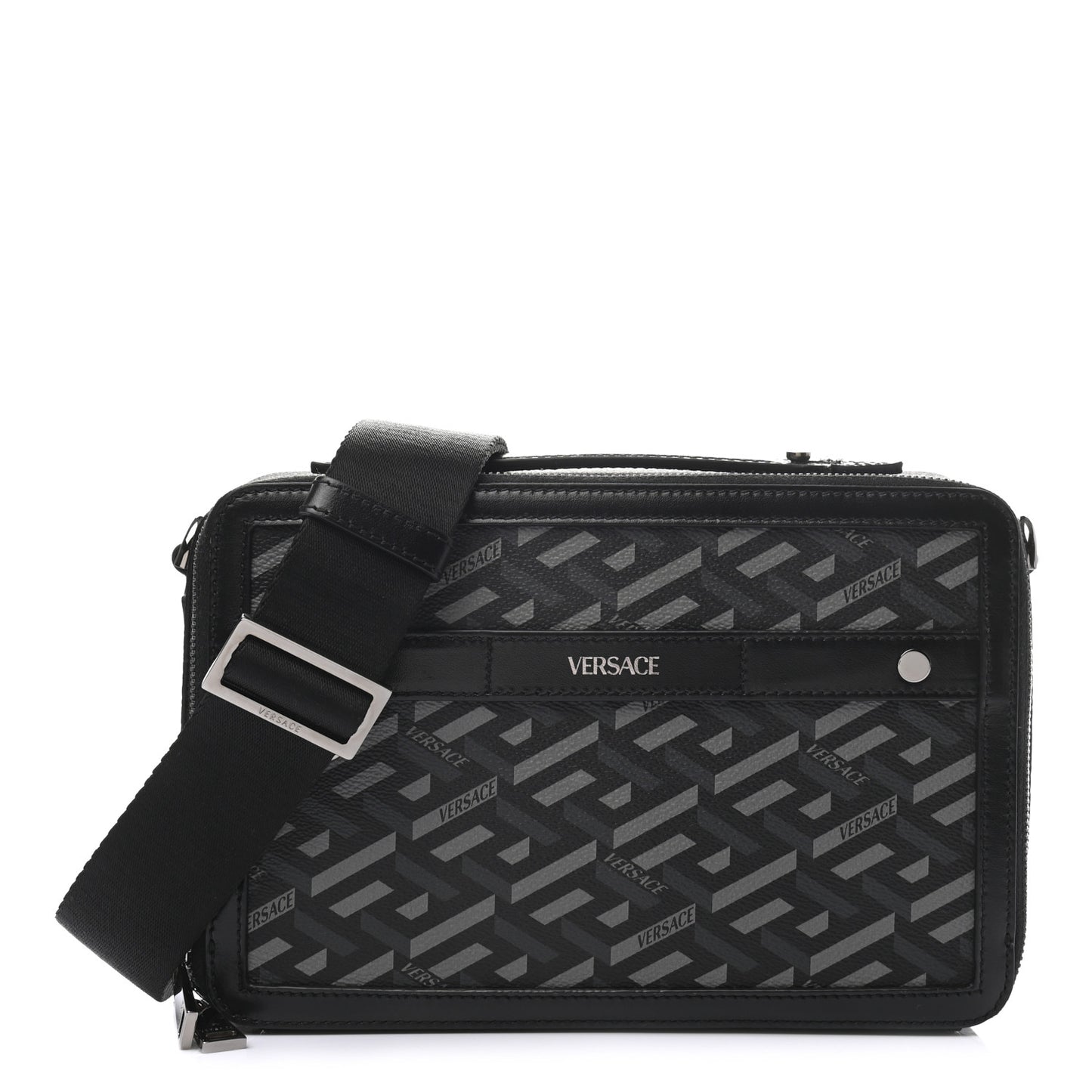 Coated Canvas La Greca Signature Messenger Bag Black Gray