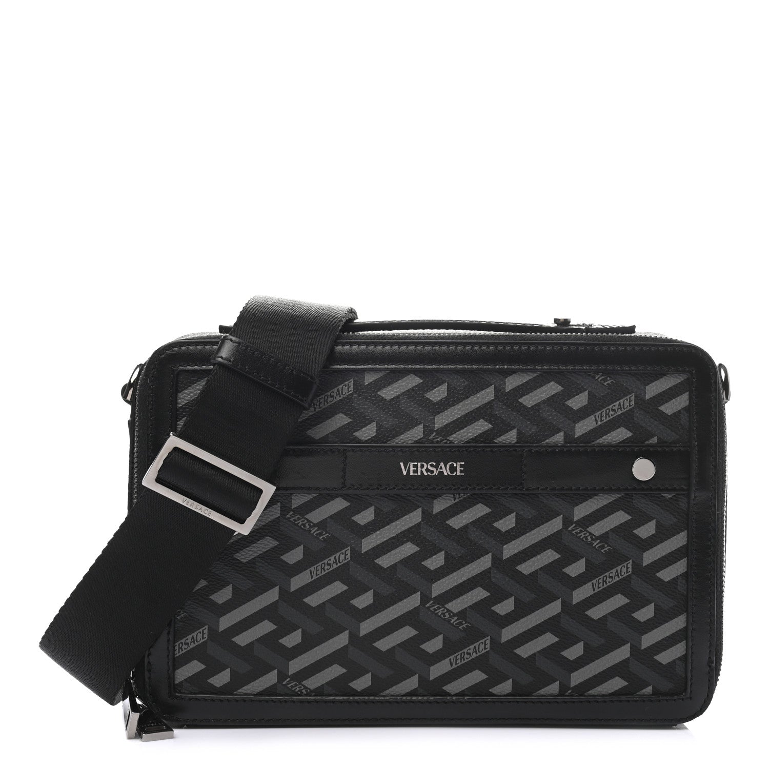 Versace Coated Canvas La Greca Signature Messenger Bag Black Gray 1 of 8