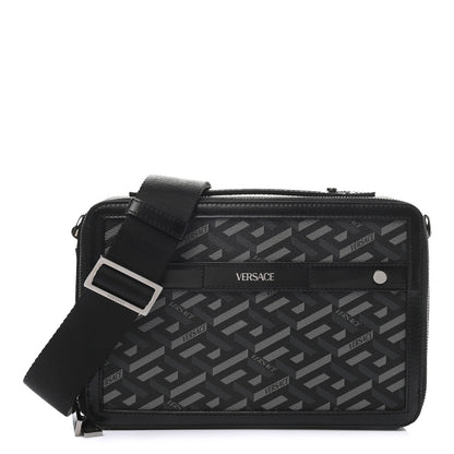 Versace Coated Canvas La Greca Signature Messenger Bag Black Gray 1 of 8