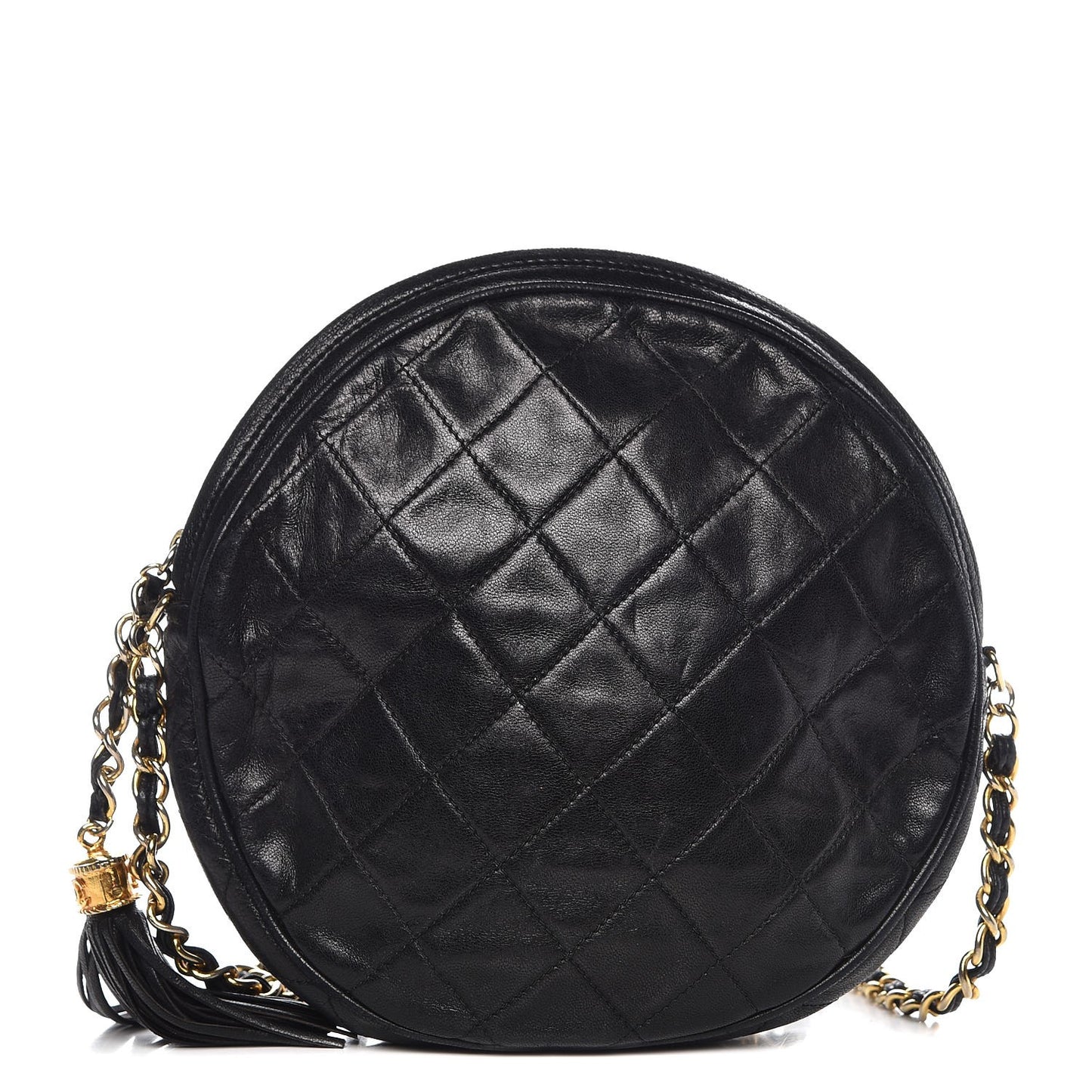 Lambskin Quilted Round Tassel Crossbody Bag Black