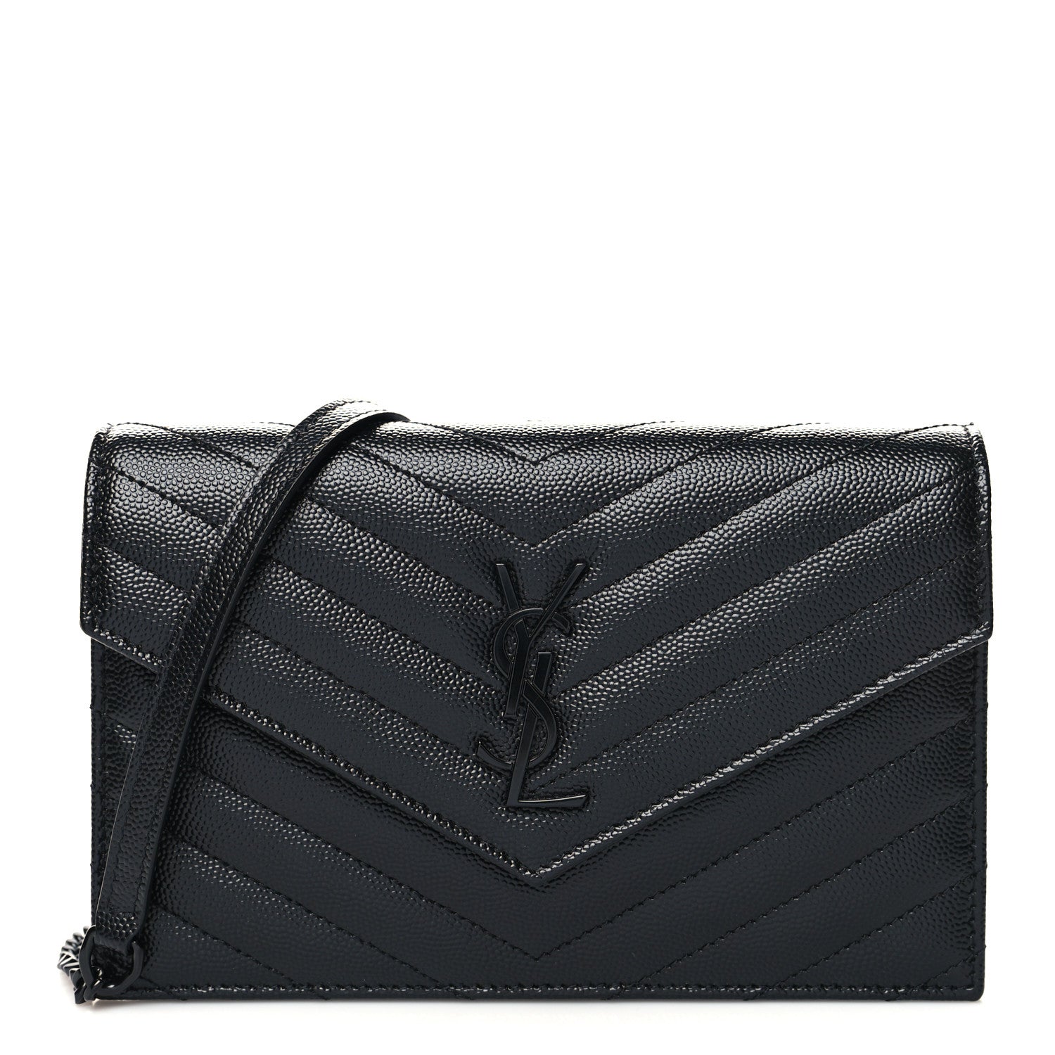 Saint Laurent Grain De Poudre Matelasse Chevron Monogram Monochrome Envelope Chain Wallet Black 1 of 11