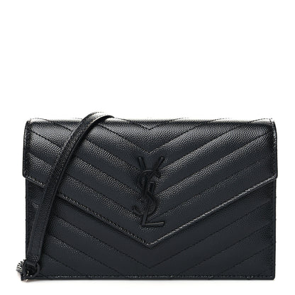 Saint Laurent Grain De Poudre Matelasse Chevron Monogram Monochrome Envelope Chain Wallet Black 1 of 11