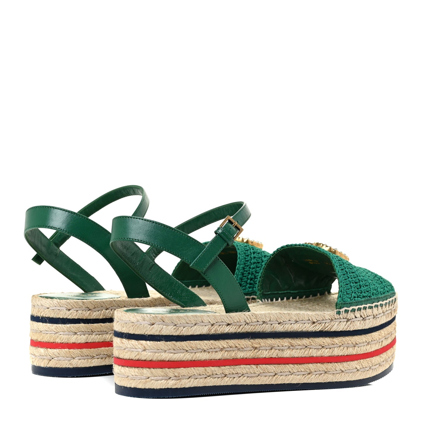 Cotton Malaga Kid Crochet Pearly GG Lilibeth Espadrille Platform Sandals 39.5 Emerald