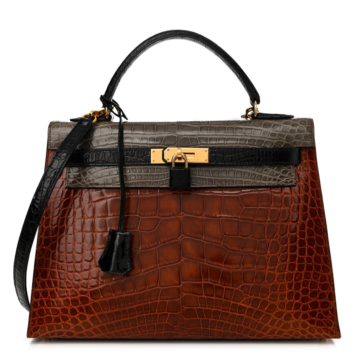 Shiny Alligator Kelly Sellier 32 Miel Gris Fonce Black