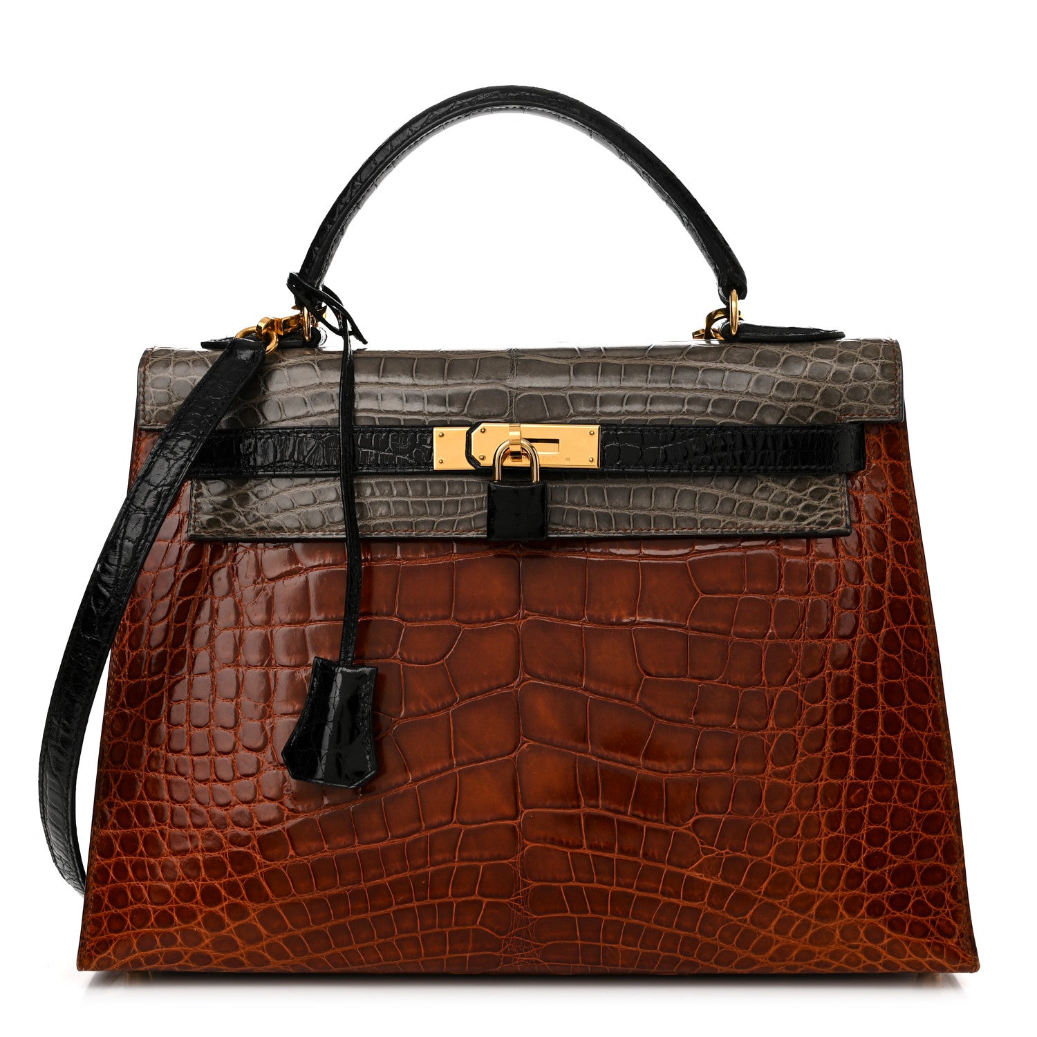 Hermes Shiny Alligator Kelly Sellier 32 Miel Gris Fonce Black 1 of 15