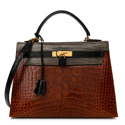 Hermes Shiny Alligator Kelly Sellier 32 Miel Gris Fonce Black 1 of 15