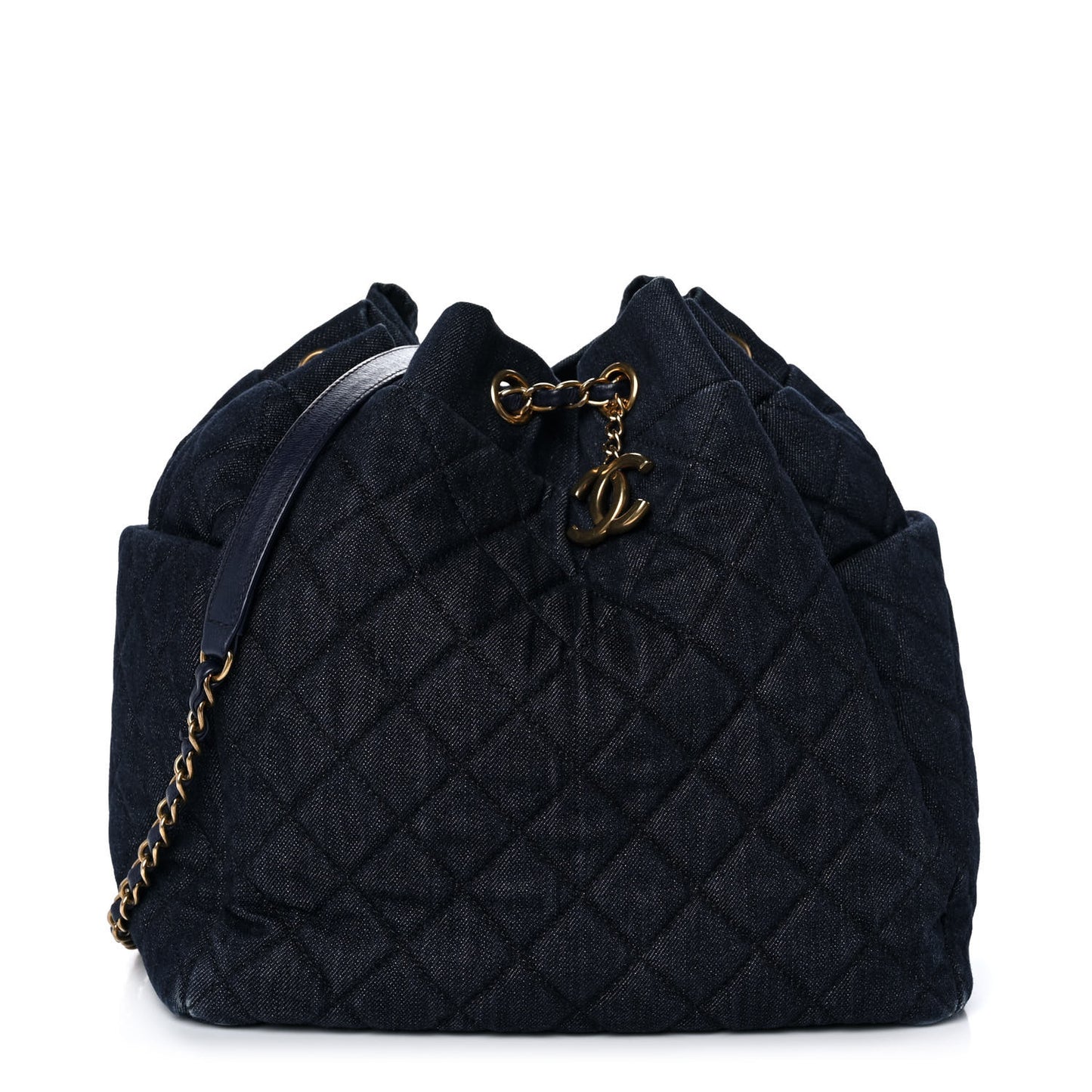 Washed Denim Quilted Small Urban Spirit Drawstring Bag Dark Blue
