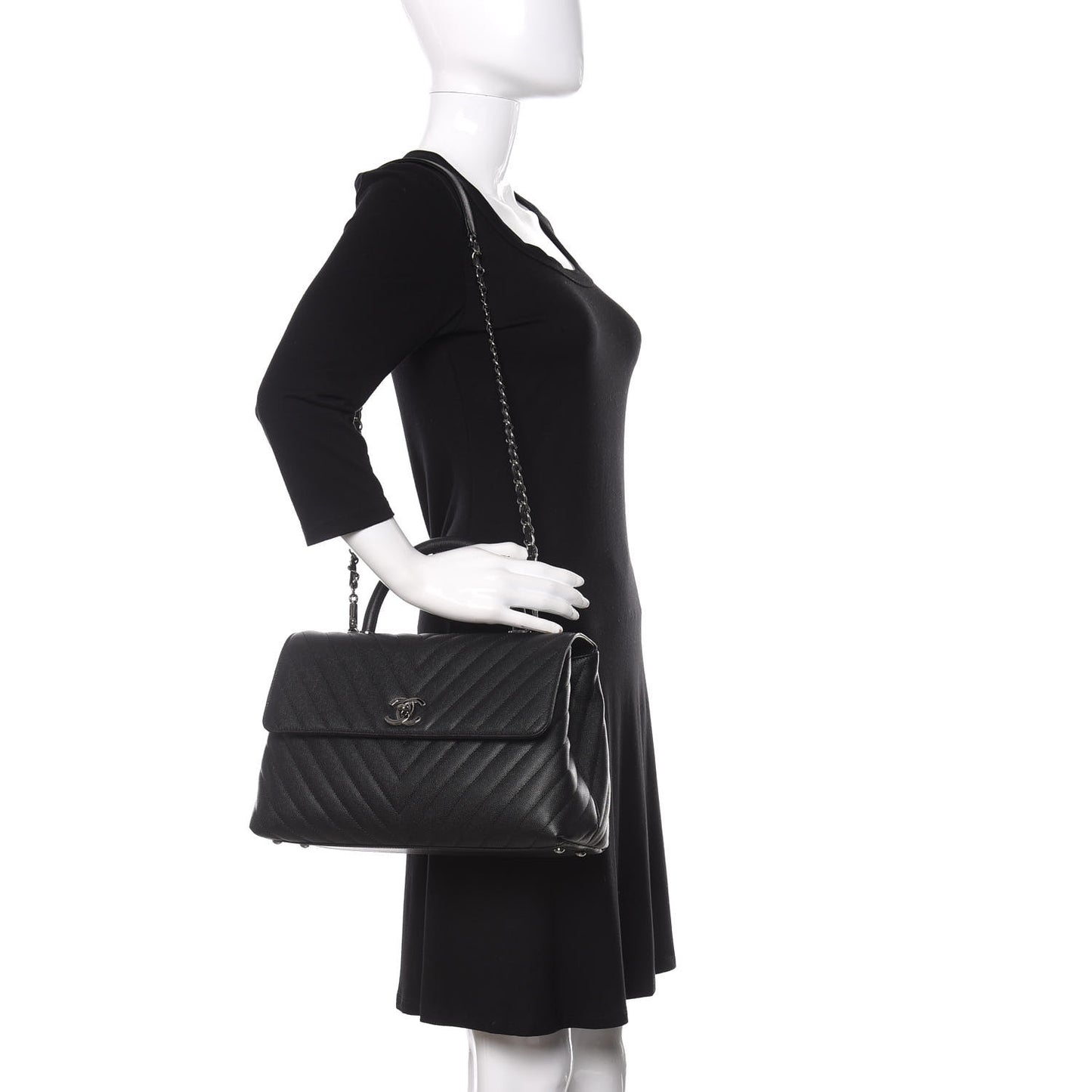 Caviar Chevron Quilted Medium Coco Handle Flap Black