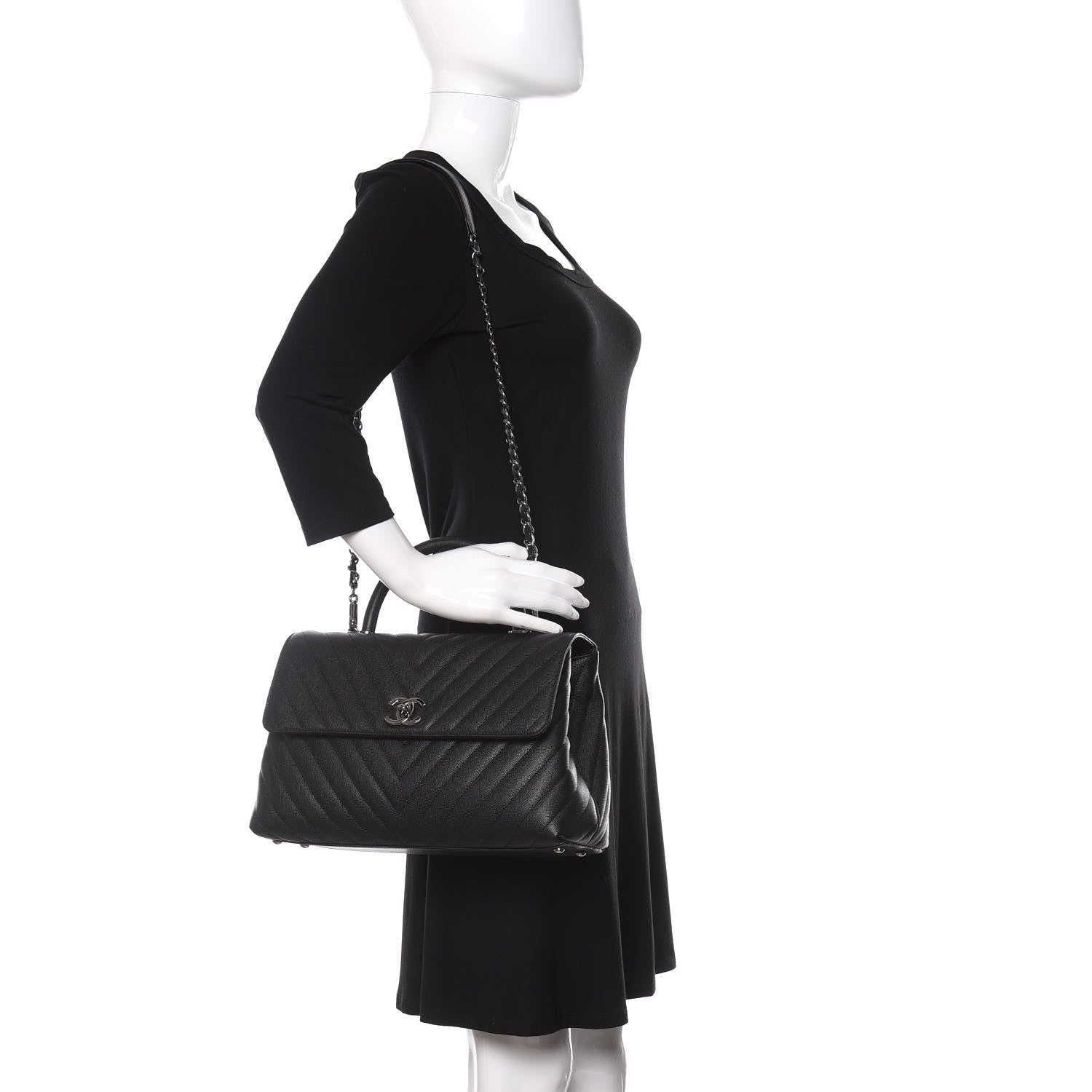 Chanel Caviar Chevron Quilted Medium Coco Handle Flap Black 2 of 11