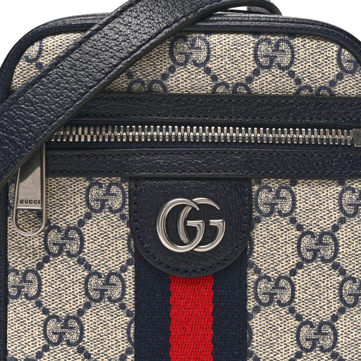 GG Supreme Monogram Textured Calfskin Web Mini Ophidia Messenger Beige Blue