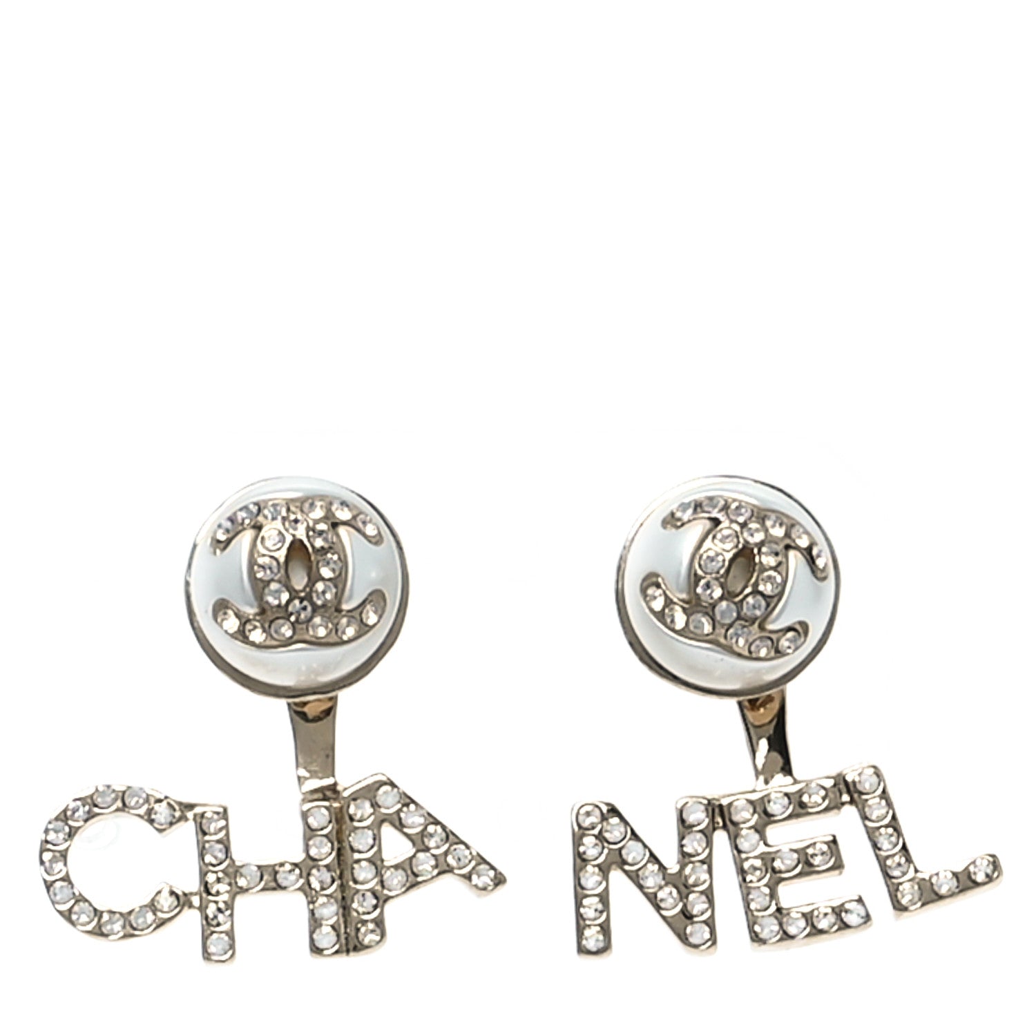 Chanel Pearl Crystal Logo Earrings Gold Pearly White 1 of 5