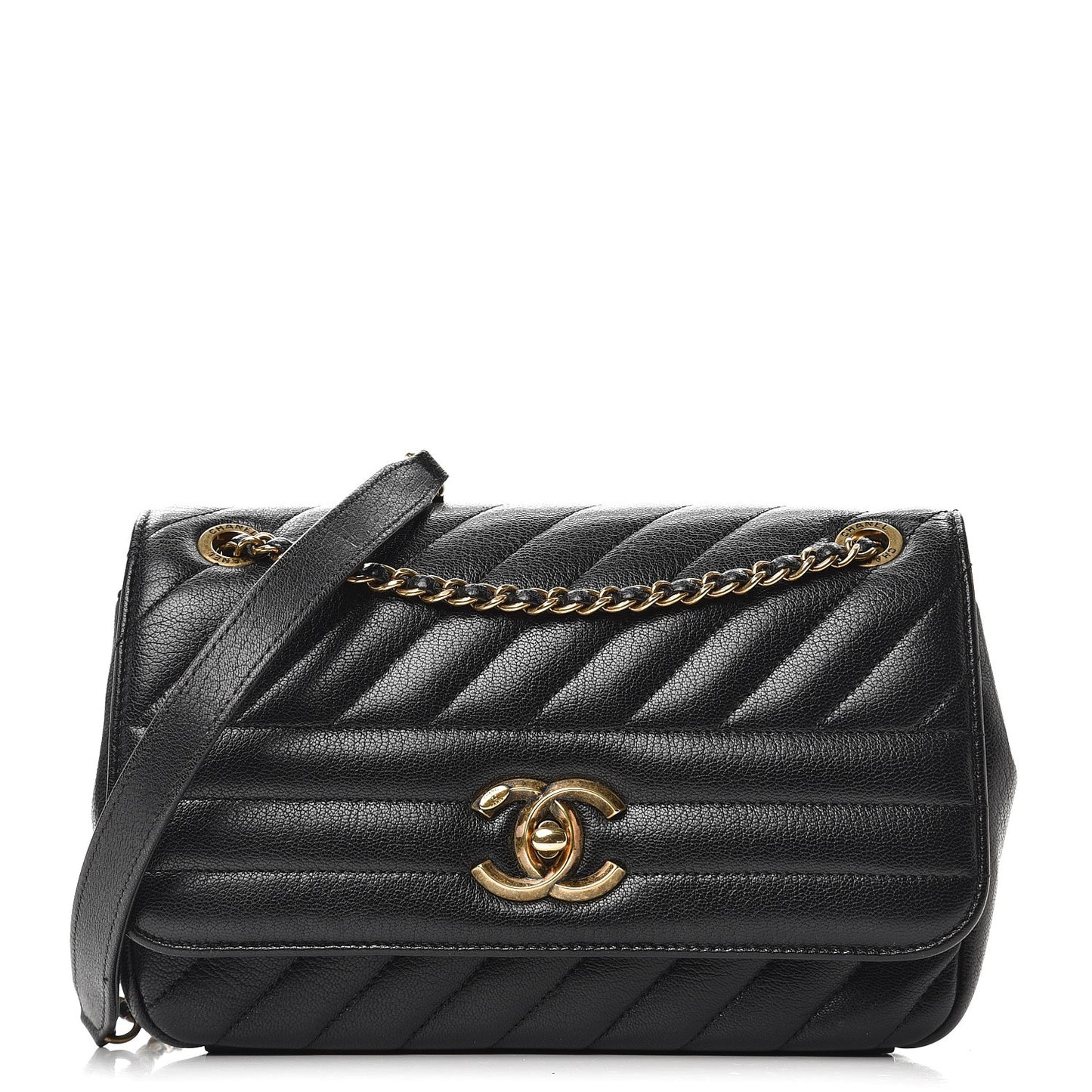 Shiny Goatskin Diagonal Quilted Small Flap Black
