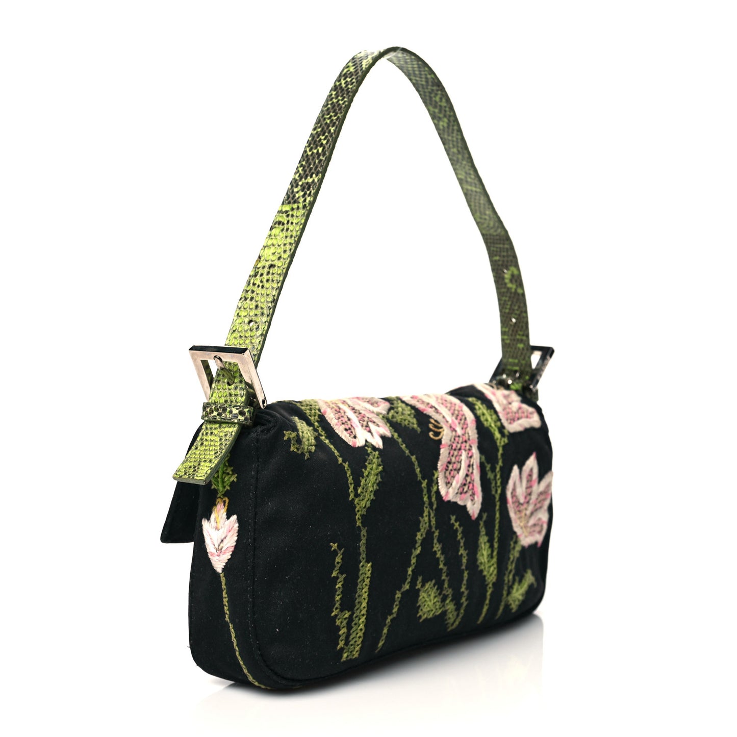 Canvas Lizard Embroidered Flower Baguette Black Multicolor