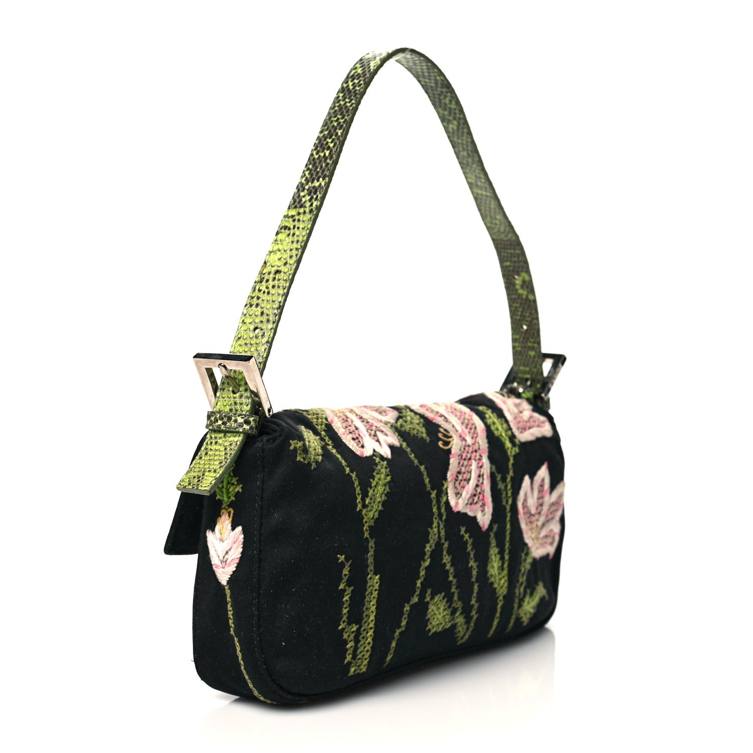 Fendi Canvas Lizard Embroidered Flower Baguette Black Multicolor 3 of 11