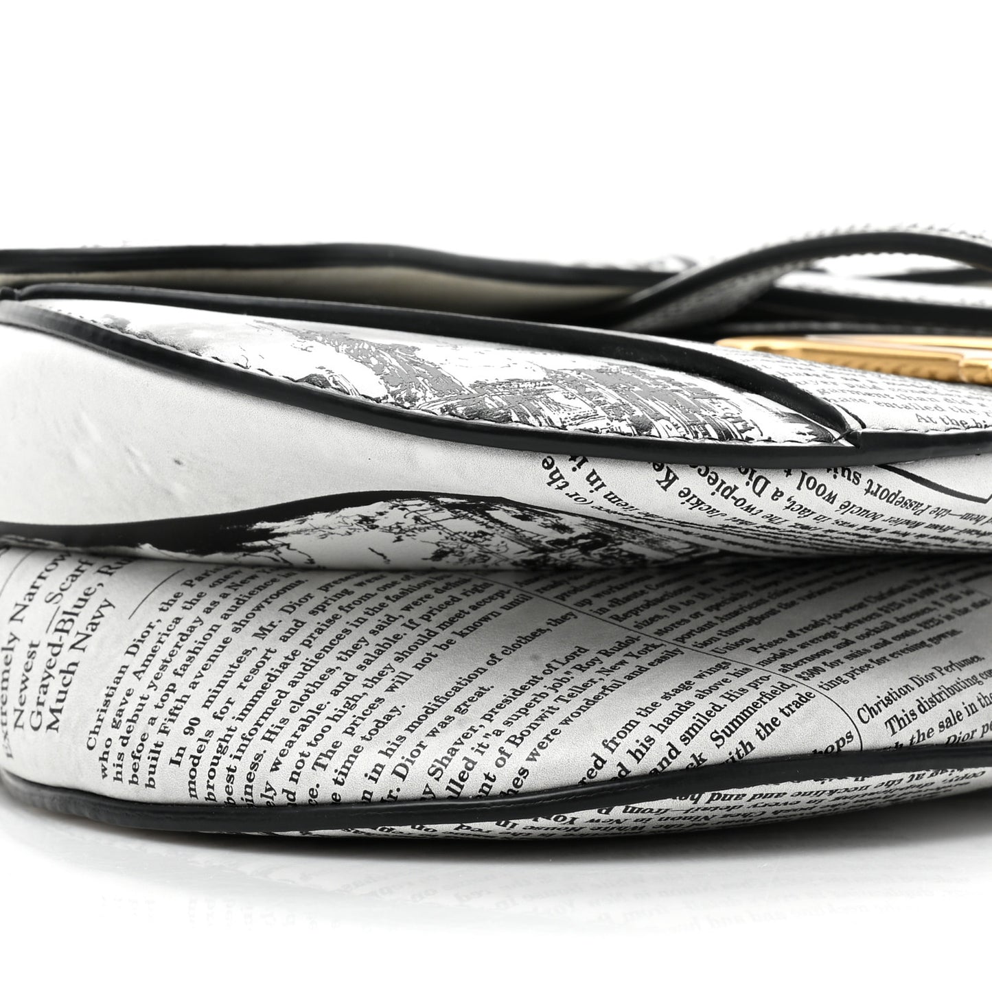 Calfskin Newspaper Printed Saddle Bag With Strap Black White