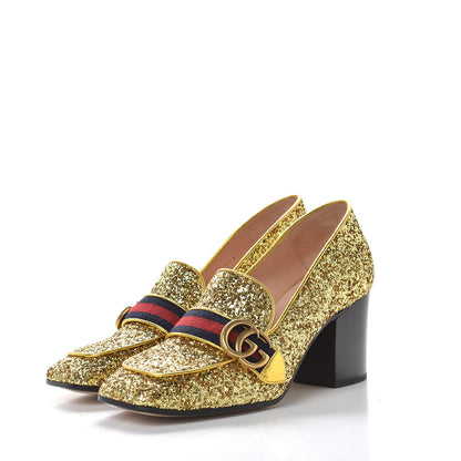 Gucci Glitter Nappa Web Peyton 75mm Loafer Pumps 38.5 Oro Vecchio 2 of 11