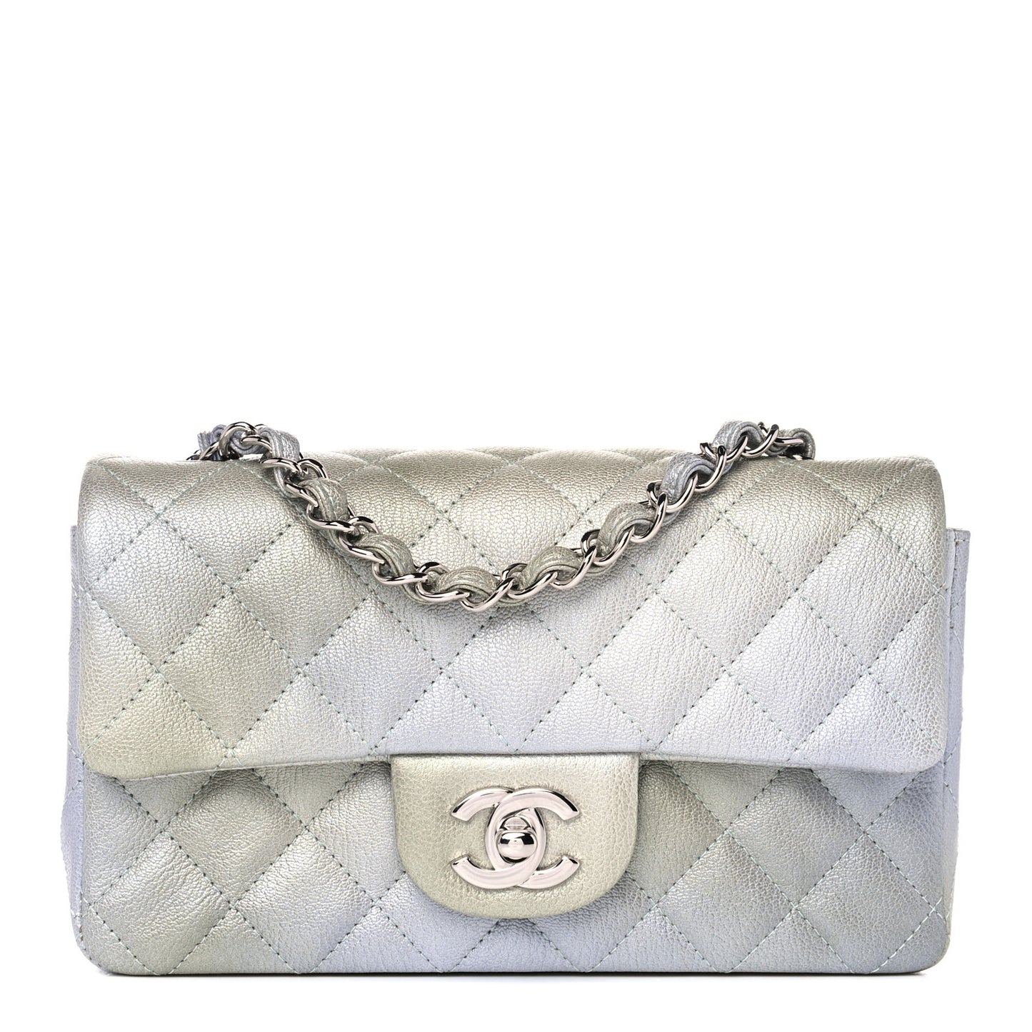 Metallic Goatskin Quilted Ombre Mini Rectangular Flap Grey Green